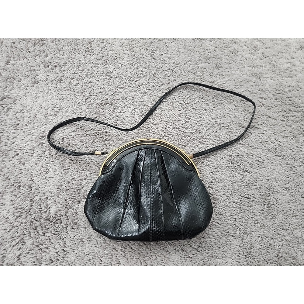 Susan Gail Crossbody Bag Womens Small Black Snakeskin Vintage Kiss-Lock